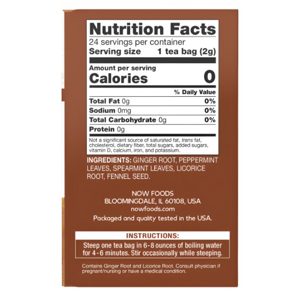 Product composition NOW Foods Ginger Mint Comfort Tea 24 ct. 48g