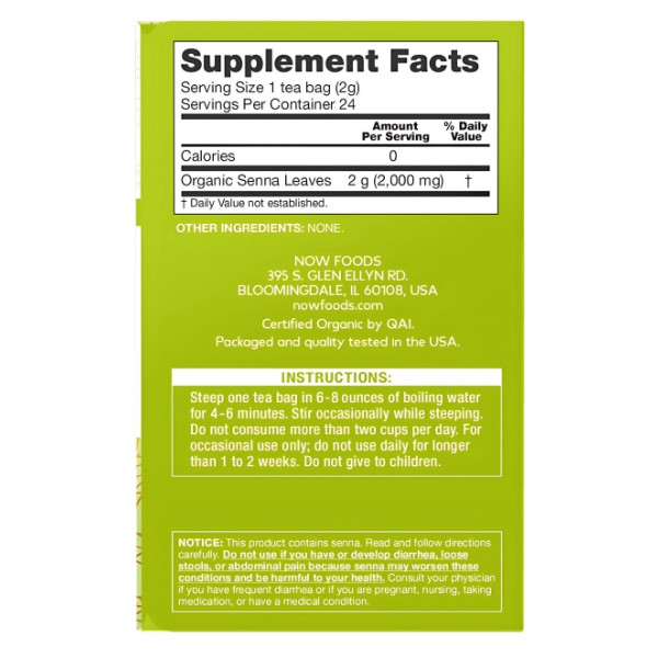 Product composition NOW Foods Organic Senna Tea 24 ct. 48g