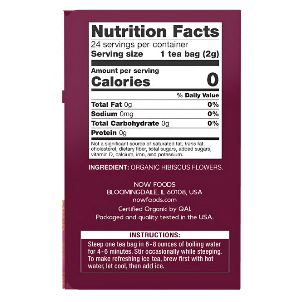 Skład produktu NOW Foods Hibiskus Organiczna Herbata 24 tb. 48g