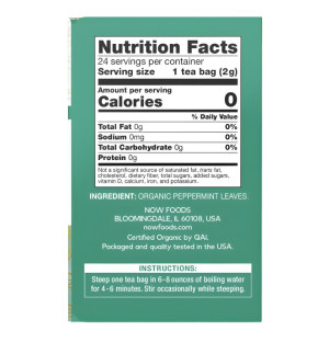 Product composition NOW Foods Peppermint Organic Tea 24 ct. 48g