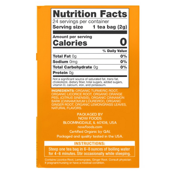 Zusammensetzung NOW Foods Bio-Kurkuma-Ingwer-Tee 24 stk. 48g