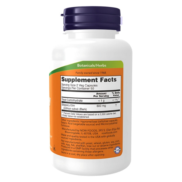 Skład produktu NOW Foods Wiąz Czerwony (Slippery Elm) 400mg 100 kaps. Vege