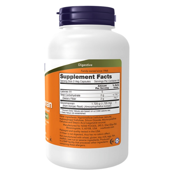 Product composition NOW Foods Glucomannan 575mg 180 caps. Vege