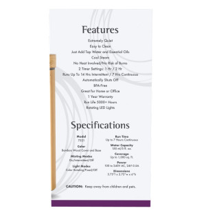 Specification NOW Foods Ultrasonic Real Bamboo Essential Oil Diffuser