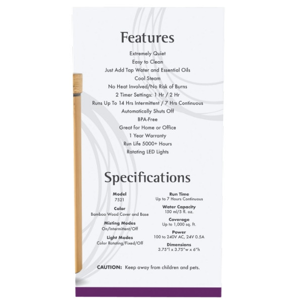 Specification NOW Foods Ultrasonic Real Bamboo Essential Oil Diffuser