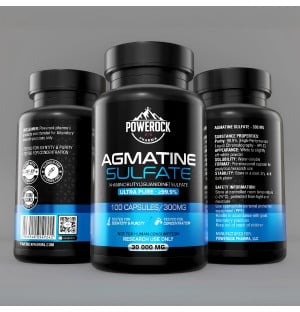 Powerock Pharma Agmatine Sulfat 100 Kapseln à 300 mg – Vorder-, Rück- und Seitenansicht, ≥99,9% Reinheit