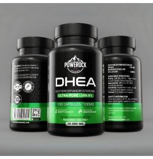 Powerock Pharma DHEA 100 mg – widok etykiety z przodu, boku i tyłu, 100 kapsułek, ultra czystość ≥99,9%, do badań