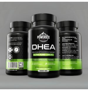 Powerock Pharma DHEA 50 mg – widok etykiety z przodu, boku i tyłu, 100 kapsułek, ultra czystość ≥99,9%, do badań