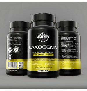 Powerock Pharma Laxogenin 100 mg – front, side and back label view, 100 capsules, ultra pure ≥99.9%, for research use