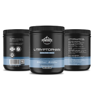 Powerock Pharma L-Tryptophan 250,000 mg – front, side and back label view, ultra pure ≥98.5%, L-tryptophan for research use