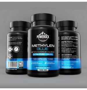 Powerock Pharma Methylenblau 10 mg – Vorder-, Seiten- und Rücketikett, 100 Kapseln, Reinheit ≥99,9%
