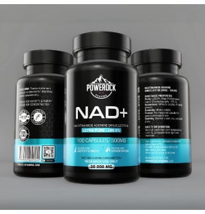 Powerock Pharma NAD+ 300 mg – Vorder-, Seiten- und Rücketikett, 100 Kapseln, Reinheit ≥99,9%