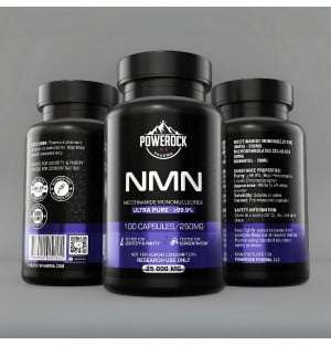 Powerock Pharma NMN 250 mg 100 capsules – 360° view, purity ≥99.9%, lab research grade