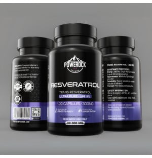 Powerock Pharma Resveratrol 300 mg – Rücketikett mit Inhaltsstoff, Reinheit ≥98,9 %, Eigenschaften und Lagerungshinweisen