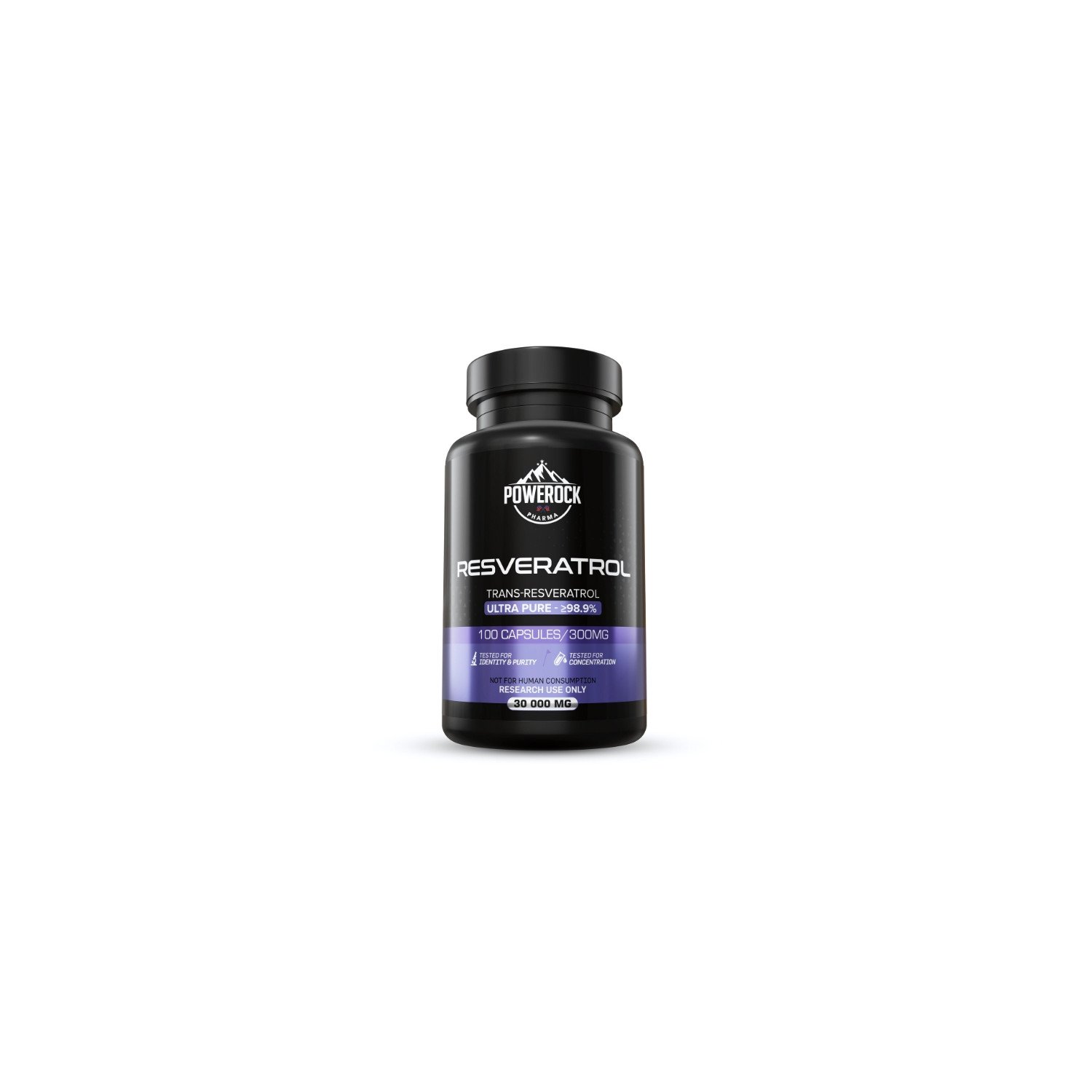 Powerock Pharma Resveratrol 300 mg 100 Kapseln – Vorderseite mit Produktname, Dosierung und Reinheit von Trans-Resveratrol
