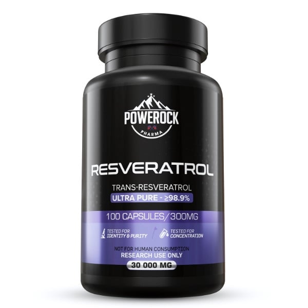 Powerock Pharma Resveratrol 300 mg 100 Kapseln – Vorderseite mit Produktname, Dosierung und Reinheit von Trans-Resveratrol