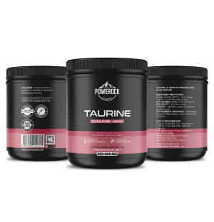 Powerock Pharma Taurin 500.000 mg – Taurin mit ≥99,9 % Reinheit, Vorder- und Rückseite der Verpackung, 100 Portionen à 5 g