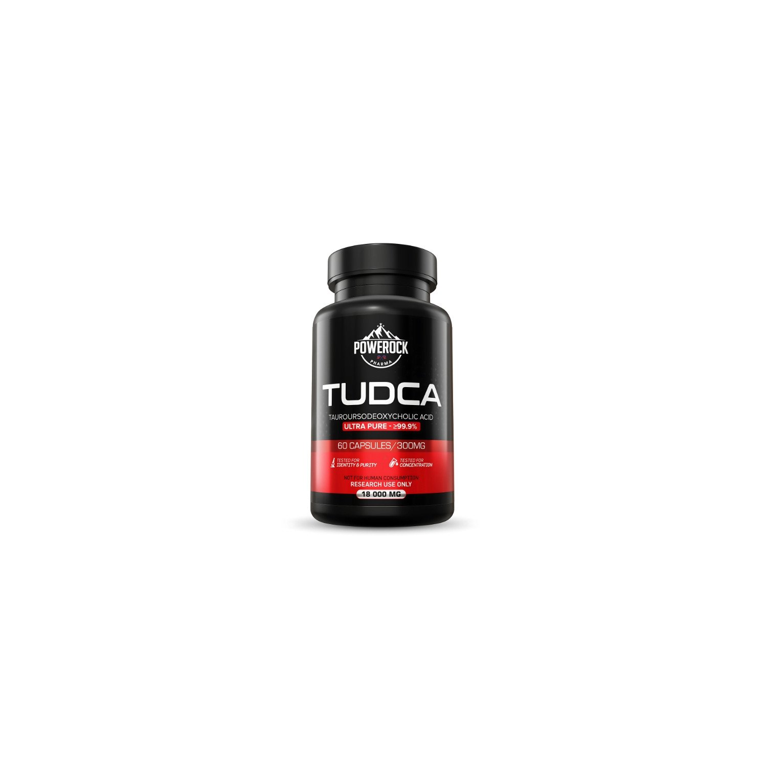 Powerock Pharma TUDCA 300 mg – Vorderansicht der Flasche mit 60 Kapseln, Reinheit ≥99,9 %, nur für Forschungszwecke