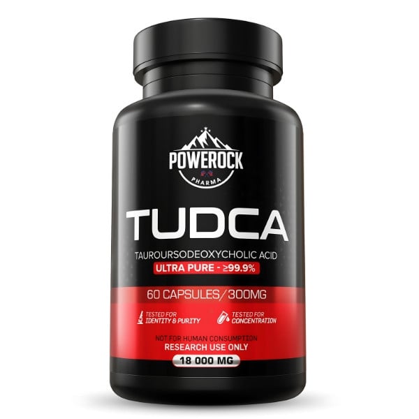 Powerock Pharma TUDCA 300 mg – Vorderansicht der Flasche mit 60 Kapseln, Reinheit ≥99,9 %, nur für Forschungszwecke