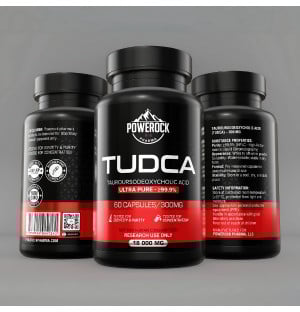 Powerock Pharma TUDCA 300 mg – Vorder-, Seiten- und Rückansicht der Flasche mit 60 Kapseln, nur für Forschungszwecke