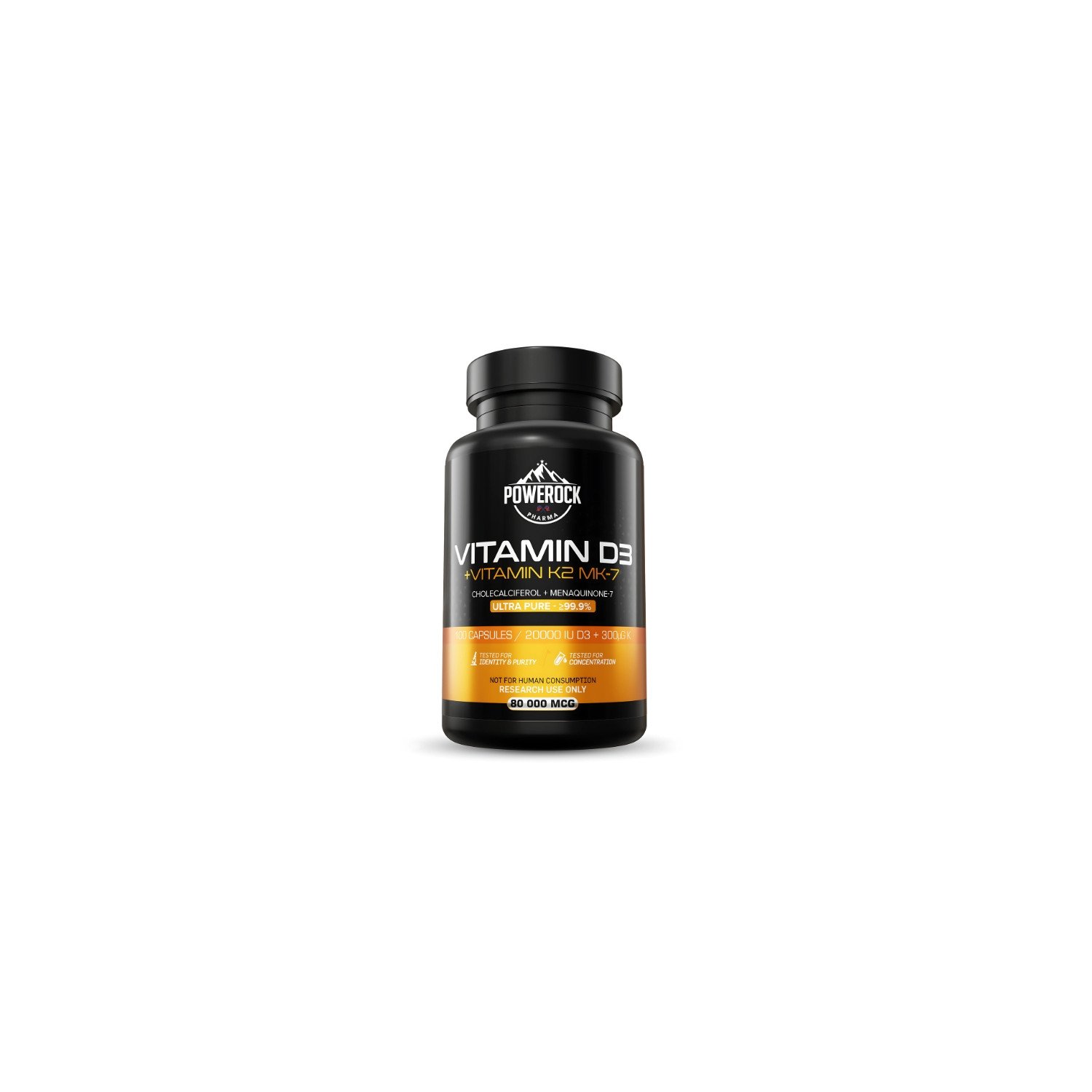 Powerock Pharma Vitamin D3 + K2 MK-7 – Vorderansicht der Flasche mit 100 Kapseln, 20000 IE D3 + 300 µg K2, Reinheit ≥99,9 %