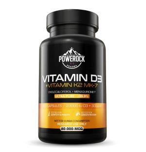 Powerock Pharma Vitamin D3 + K2 MK-7 – Vorderansicht der Flasche mit 100 Kapseln, 20000 IE D3 + 300 µg K2, Reinheit ≥99,9 %