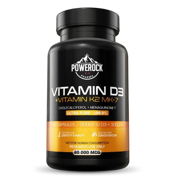Powerock Pharma Vitamin D3 + K2 MK-7 – Vorderansicht der Flasche mit 100 Kapseln, 20000 IE D3 + 300 µg K2, Reinheit ≥99,9 %