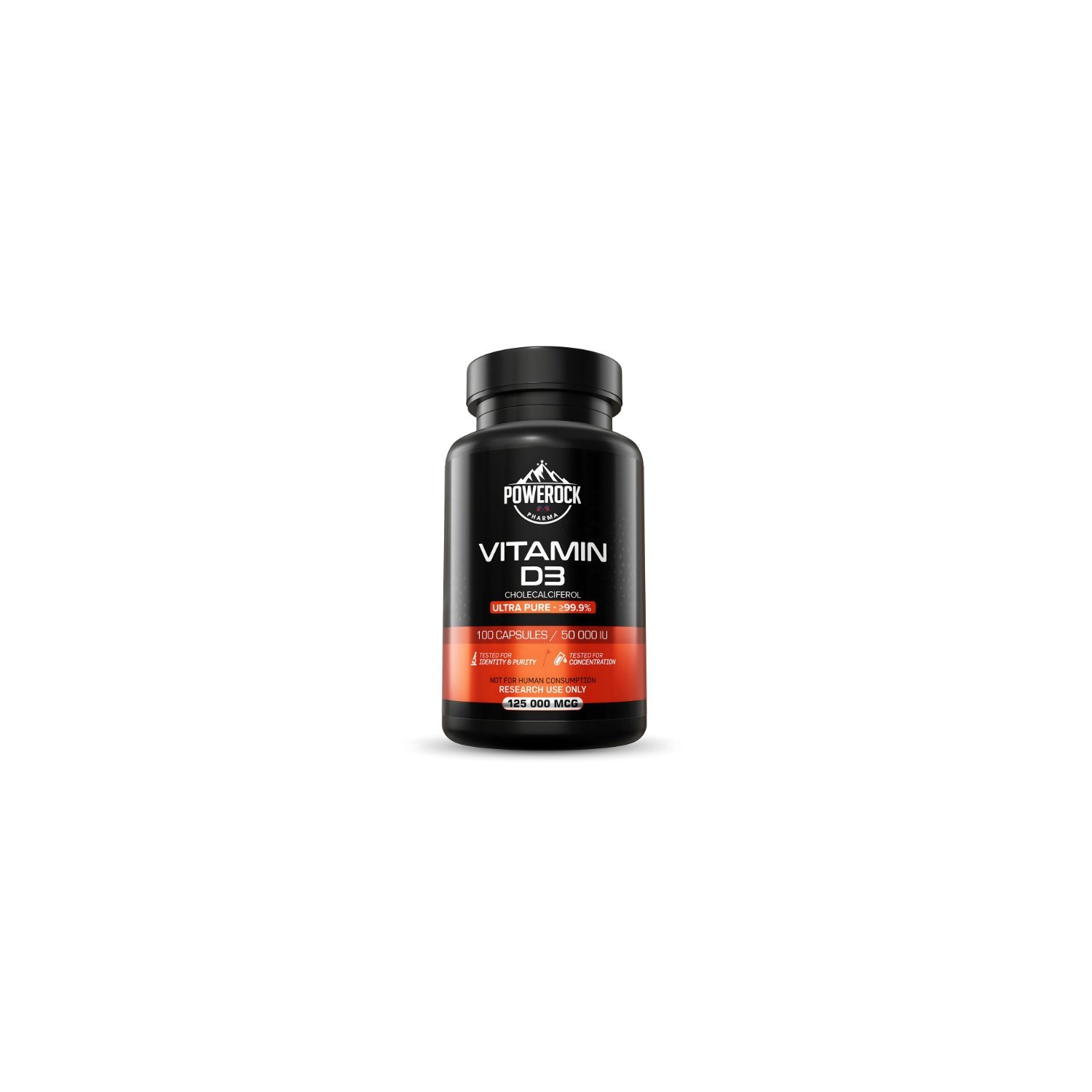 Powerock Pharma Witamina D3 50 000 IU – opakowanie 100 kapsułek z czystością ≥99,9%, produkt badawczy