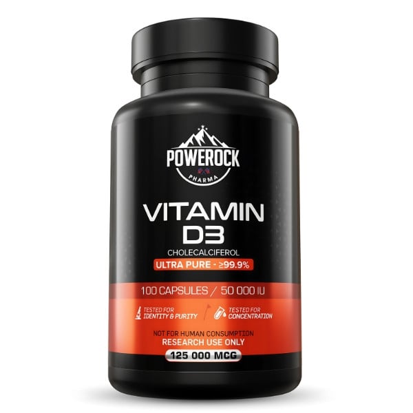 Powerock Pharma Witamina D3 50 000 IU – opakowanie 100 kapsułek z czystością ≥99,9%, produkt badawczy