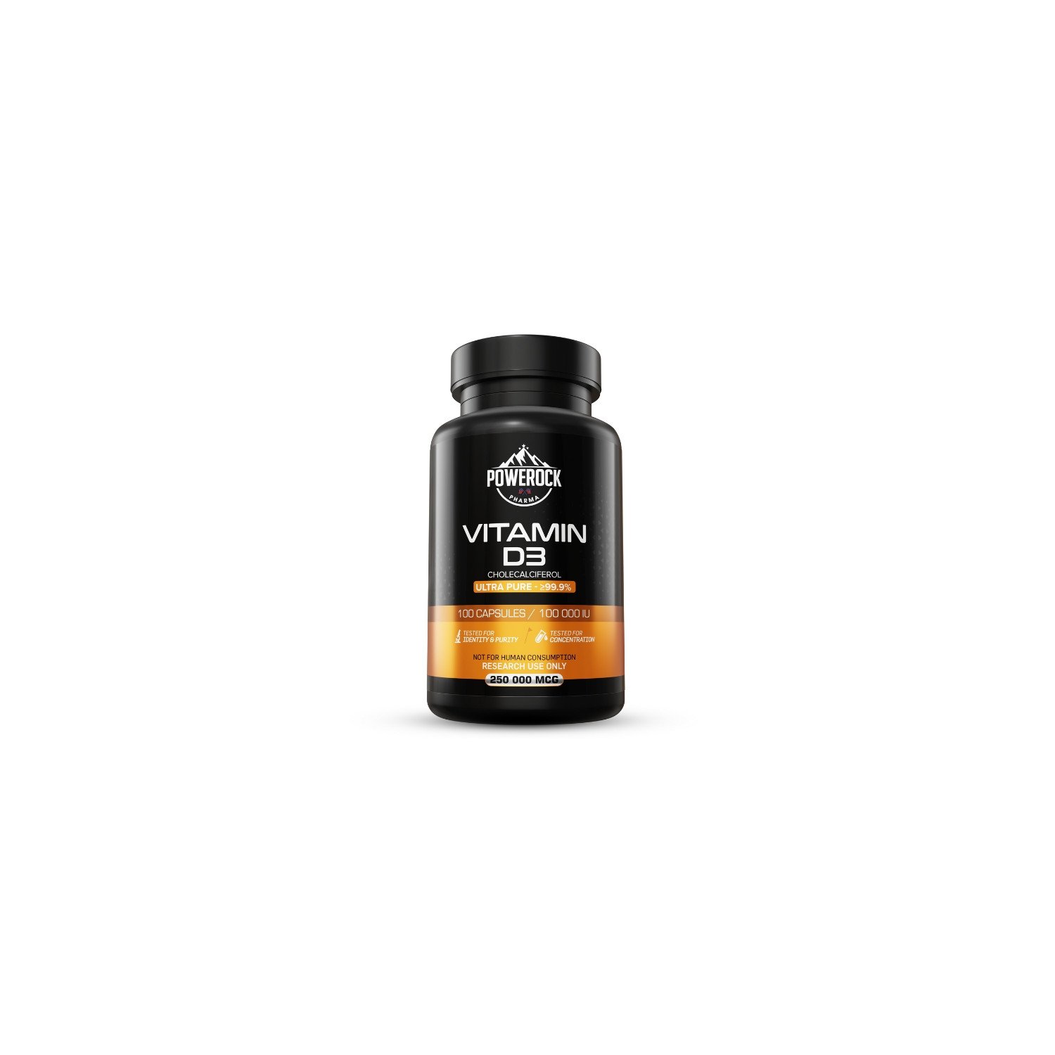 Powerock Pharma Vitamin D3 100.000 IE – Vorderansicht der 100-Kapsel-Verpackung, Reinheit ≥99,9 %, nur für Forschungszwecke