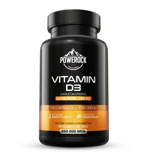 Powerock Pharma Vitamin D3 100.000 IE – Vorderansicht der 100-Kapsel-Verpackung, Reinheit ≥99,9 %, nur für Forschungszwecke