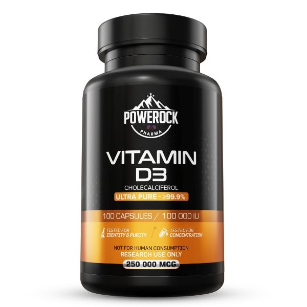 Powerock Pharma Vitamin D3 100.000 IE – Vorderansicht der 100-Kapsel-Verpackung, Reinheit ≥99,9 %, nur für Forschungszwecke