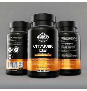 Powerock Pharma Vitamin D3 100.000 IE – Verpackung mit 100 Kapseln, Vorder- und Seitenansicht, Reinheit ≥99,9 %