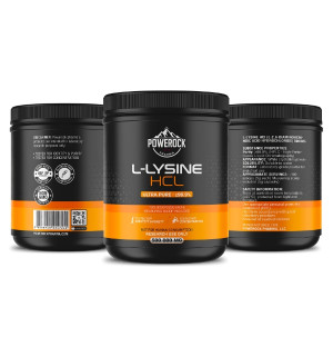 Powerock Pharma L-Lysine HCL 500 000 mg – widok etykiety z przodu, boku i tyłu, ultra czystość ≥99,9%