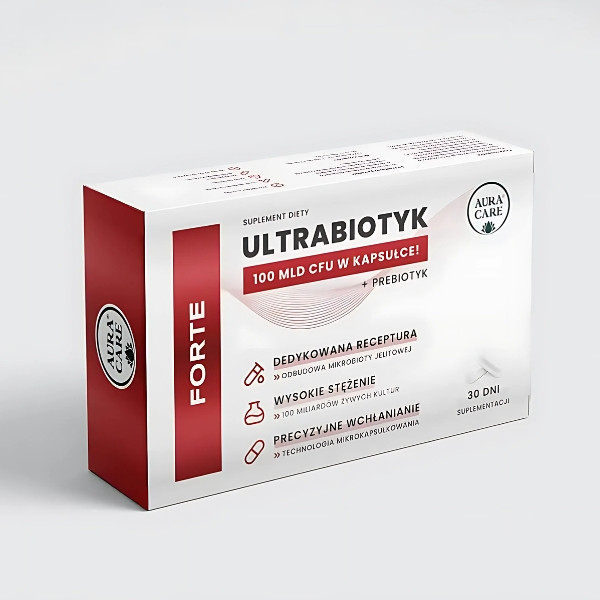 Aura Care Ultrabiotyk FORTE – opakowanie probiotyku z prebiotykiem, 100 mld CFU, 30 kapsułek, mikroenkapsulacja