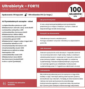 Etykieta suplementu Ultrabiotyk FORTE – 100 miliardów CFU w kapsułce, 15 przebadanych szczepów probiotycznych
