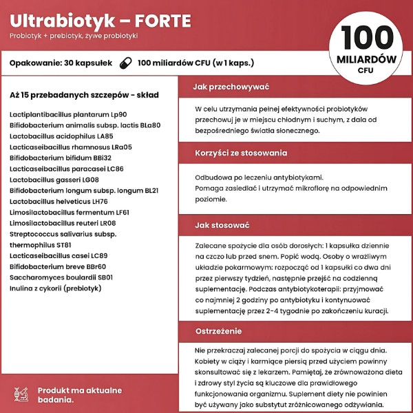 Etykieta suplementu Ultrabiotyk FORTE – 100 miliardów CFU w kapsułce, 15 przebadanych szczepów probiotycznych