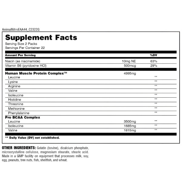 Universal Animal Nitro EAA supplement facts – nutritional label with EAA and BCAA complex, 6000 mg per serving
