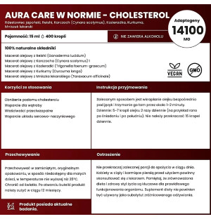 Ingredients Aura Care Cholesterol Balance, 14100 mg adaptogens, Reishi, Artichoke, Fenugreek, Turmeric, Dandelion