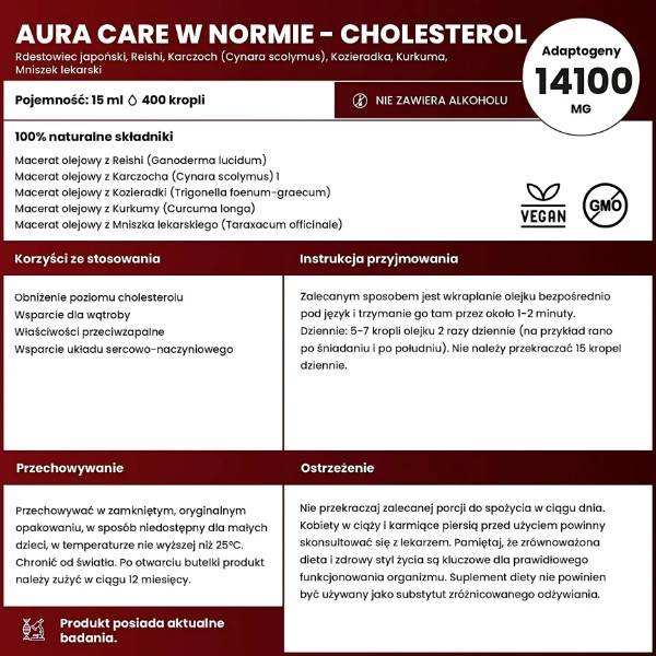 Ingredients Aura Care Cholesterol Balance, 14100 mg adaptogens, Reishi, Artichoke, Fenugreek, Turmeric, Dandelion