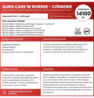 Zusammensetzung des Produkts Aura Care Pressure in Normal - adaptogens: Weißdorn, Herzgespann, Zitronenmelisse, Ashwagandha
