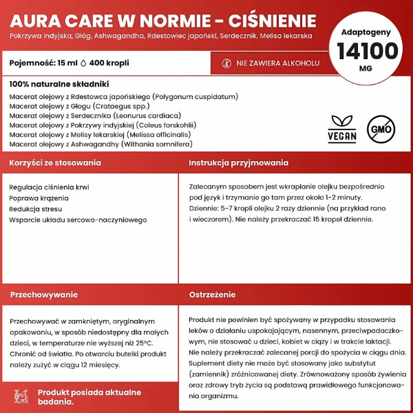 Zusammensetzung des Produkts Aura Care Pressure in Normal - adaptogens: Weißdorn, Herzgespann, Zitronenmelisse, Ashwagandha