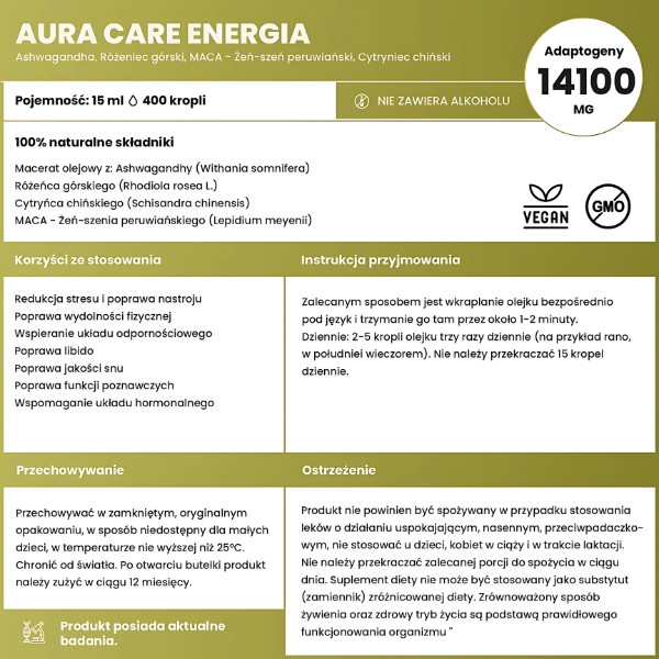 Produktzusammensetzung Aura Care Energy 15 ml - Mazerat aus Ashwagandha, Rhododendron, chinesischem Zitronengras und MACA