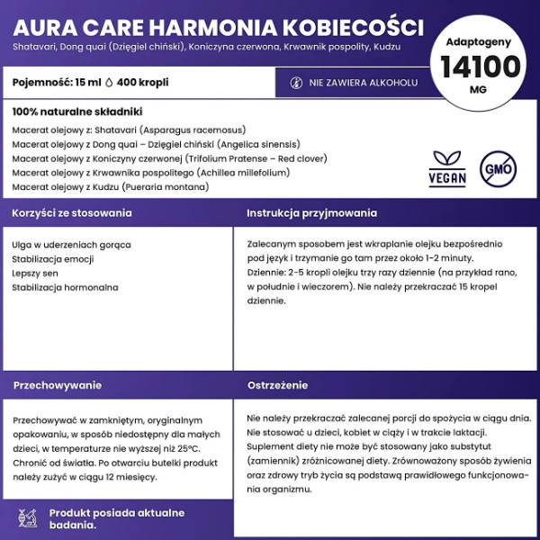 Composition of Aura Care Harmony of Womanhood 15 ml - natural adaptogens: shatavari, dong quai, red clover, yarrow