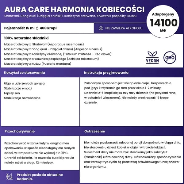 Skład Aura Care Harmonia Kobiecości 15 ml – naturalne adaptogeny: shatavari, dong quai, koniczyna czerwona, krwawnik pospolity
