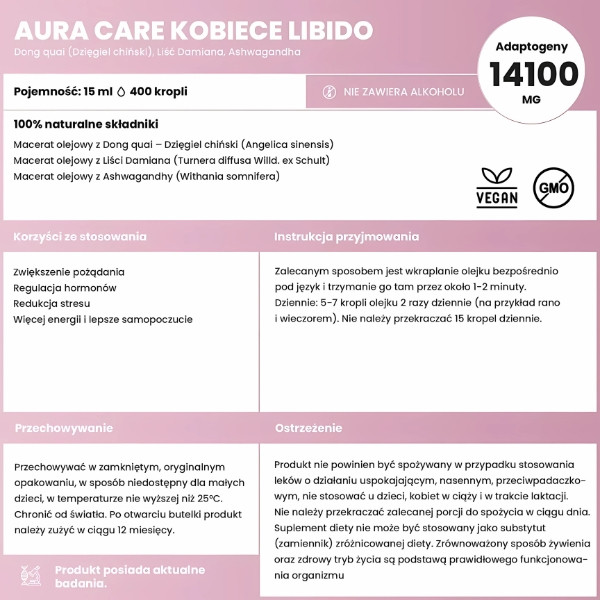 Composition and properties of Aura Care Female Libido 15 ml - contains dong quai, Damiana leaf and ashwagandha