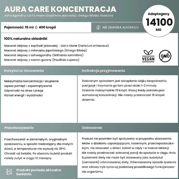Produktzusammensetzung Aura Care Concentration - Sonnenhut, Ginkgo biloba, Ashwagandha, Guarana