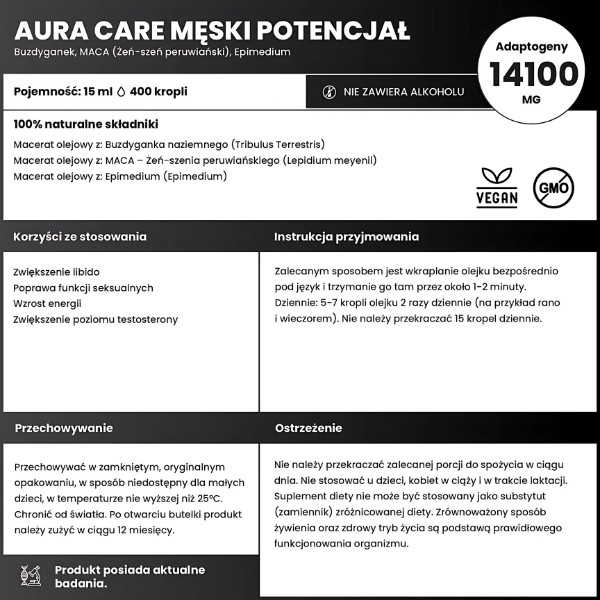 Aura Care Męski Potencjał – skład z adaptogenami: buzdyganek, maca, epimedium – na libido, witalność i testosteron