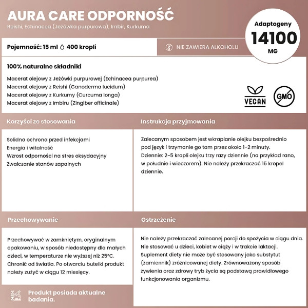 Composition of Aura Care Immunity - Echinacea, Reishi, Turmeric and Ginger - a powerful blend of adaptogens 14100 mg