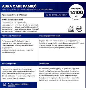 Skład Aura Care Pamięć 15 ml – bacopa monnieri, lion’s mane, miłorząb japoński, szałwia, gotu kola